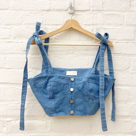 Capulet x Revolve || Hayley Denim Corset Crop Top Tie Shoulder M