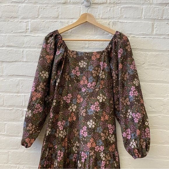 Summersalt || The Tiered Puff Sleeve Dress Cotton Poplin Brown Floral Small