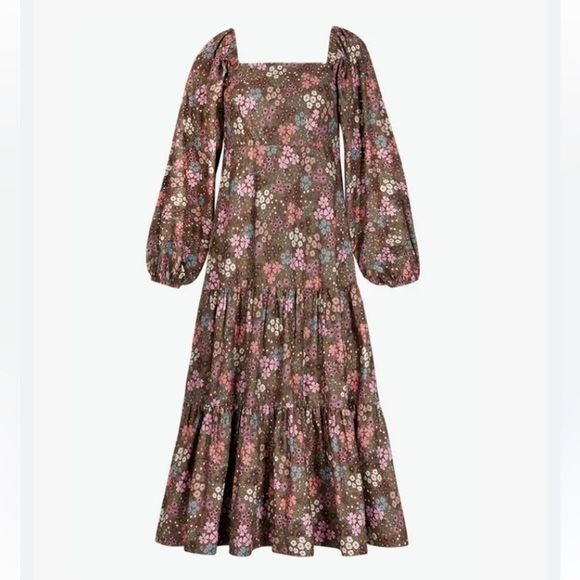 Summersalt || The Tiered Puff Sleeve Dress Cotton Poplin Brown Floral Small