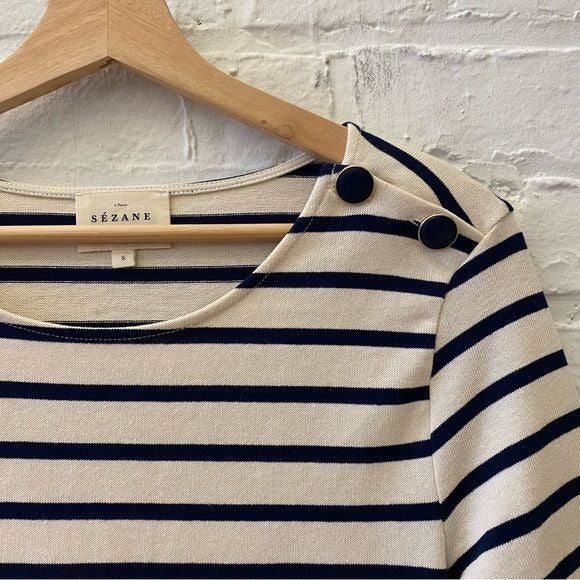 Sezane || Colette Mariniere in Ecru Cream Navy Nautical Breton Stripe Small