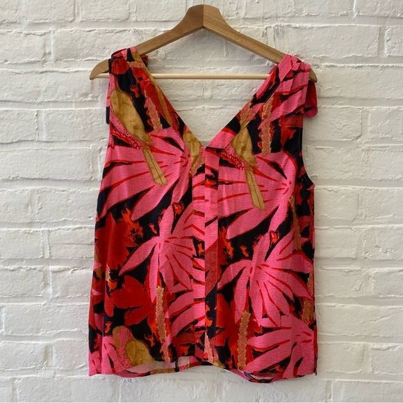 J.Crew || Bruna Tie Shoulder Top in Antigua Leaves Floral Bows Pink Red Small