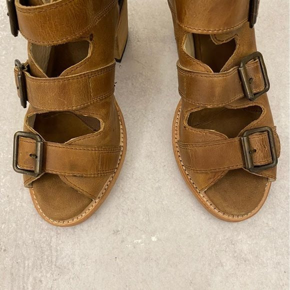 Freebird by Steven || Quail Leather Strappy Buckle Sandals Heels Booties Brown 6