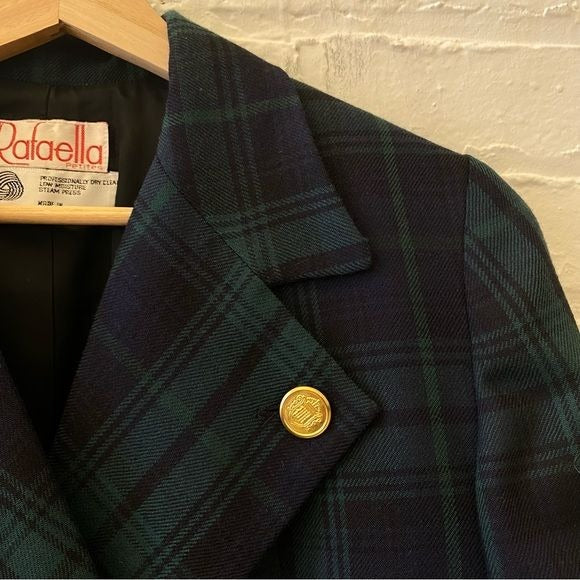 Vintage || Blackwatch Tartan Plaid Double Breasted Wool Blazer Gold Button 12 P