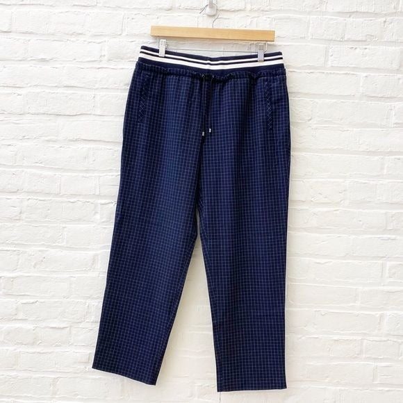 WORTH New York || Pull On Plaid Ankle Trousers Sporty Athletic Drawstring Navy M