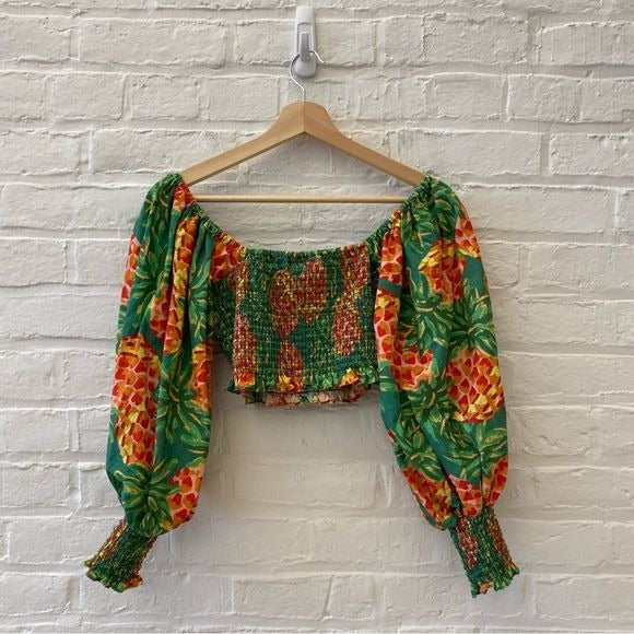 FARM Rio || Pineapple Galore Smocked Crop Top Green XS NWT