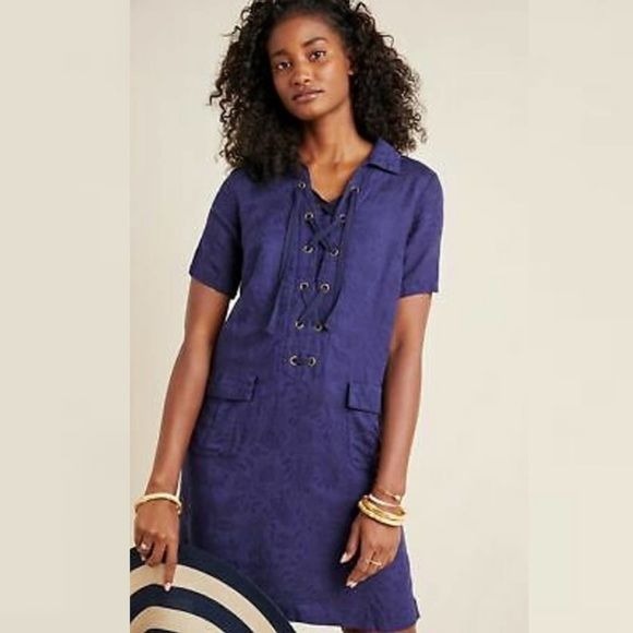 Anthropologie || Finley Lace-Up Linen Blend Shirtdress Blue 6