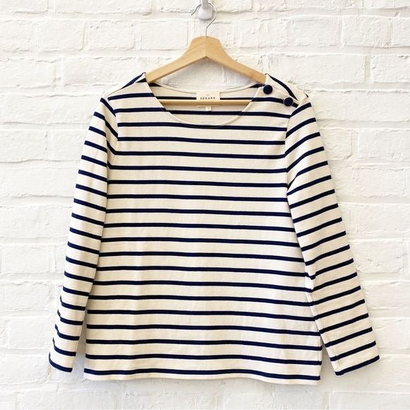 Sezane || Colette Mariniere in Ecru Cream Navy Nautical Breton Stripe Small