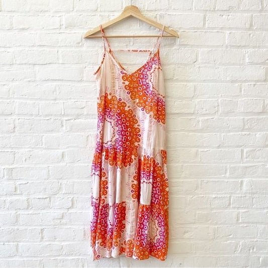 Oliphant || Antigua Strappy Drop Waist Midi Dress Metallic Orange Pink XS