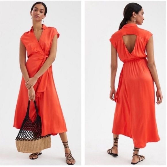 Anthropologie || Maeve Open-Back Wrap Midi Dress Orange Red XL NWT