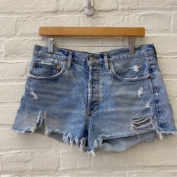 AGOLDE || Parker Vintage Cut Off Shorts Swapmeet Blue Denim Distressed Fray 28