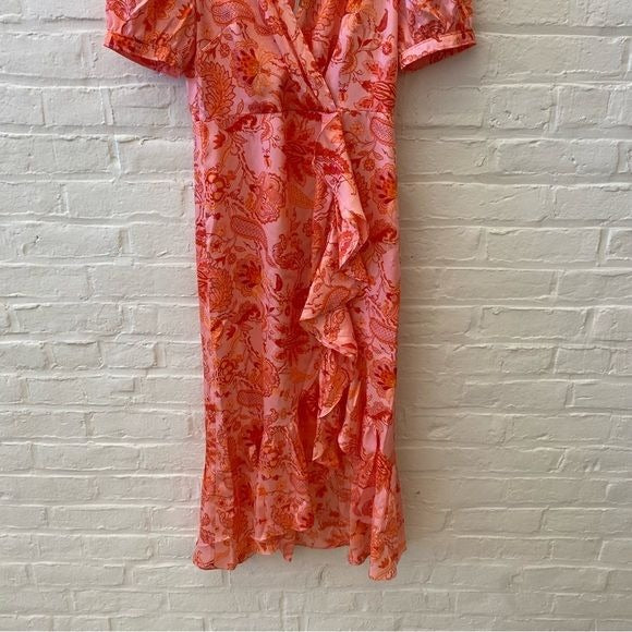 Cinq a Sept || Kay Ruffle Midi Dress English Rose Pink Orange Floral 4 NWT