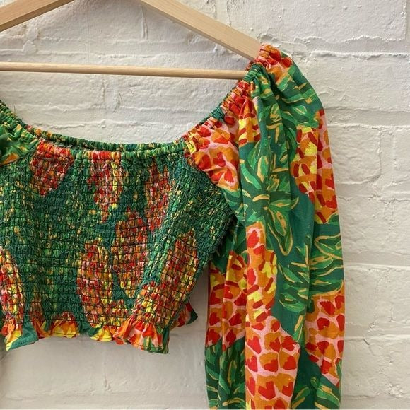 FARM Rio || Pineapple Galore Smocked Crop Top Green XS NWT