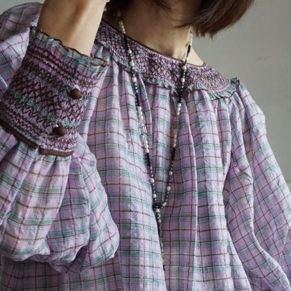 Leur Logette || Smocked Yoke + Cuff Checked Blouse Silk Blend Purple