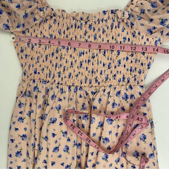 English Factory || Smocked Floral Cotton Midi Dress Pink Blue XS