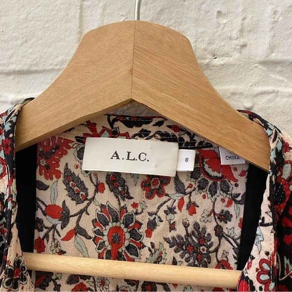 A.L.C || Hadley Silk Floral Mini Dress Tassels Red Black 8