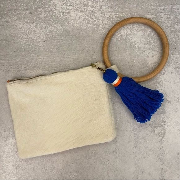 L&L Huddleston || Floral Tassel Bracelet Clutch Wristlet Orange Blue Ponyhair