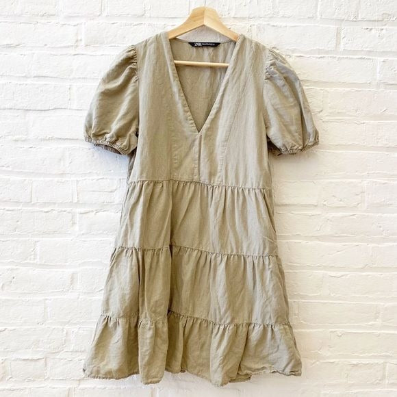 Zara || Tiered Mini Dress Puff Sleeve Linen Blend Khaki Olive Green Small