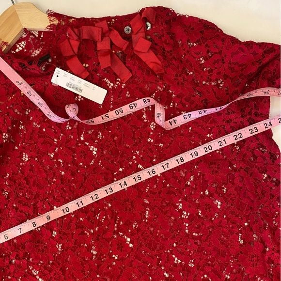 J. Crew || Mockneck Top in Floral Lace Bow Detail Holiday Party Red 20 NWT