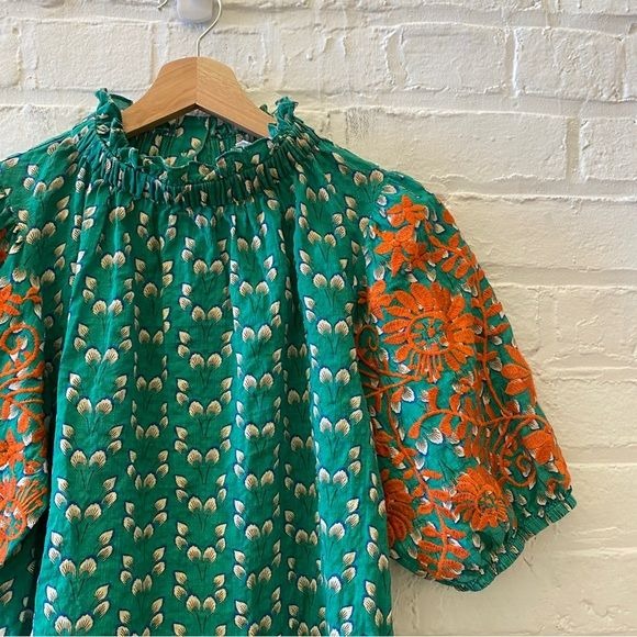 THML || Embroidered Puff Sleeve Blouse Top Button Back Floral Green Medium