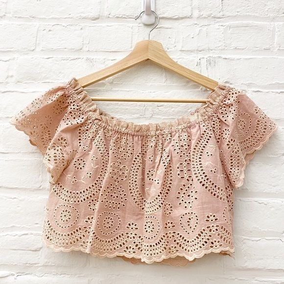 LoveShackFancy || Stephanie Eyelet Ruffle Crop Top Pink Medium