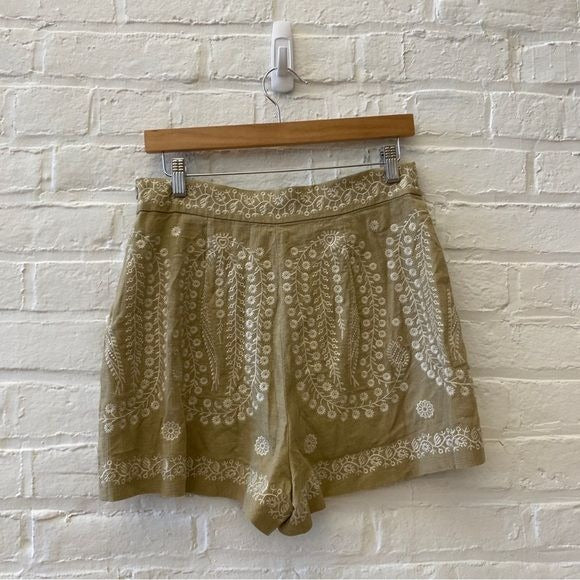 Zara || High Waisted Embroidered Shorts Linen Tan Large