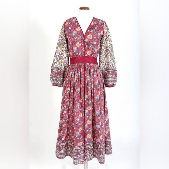 Anokhi || Soraia Maxi Dress in Ivalo Crimson Block Print Floral XL