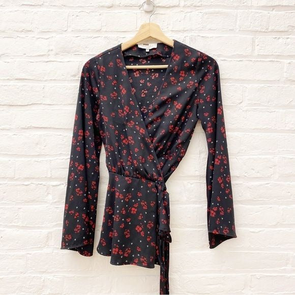 L'Academie || Kimono Floral Wrap Flare Sleeve Blouse Black Floral XS