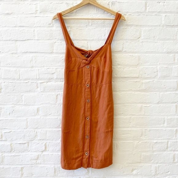 Anthropologie || Maeve Twist-Front Mini Dress Tie Back Linen Blend Orange Small