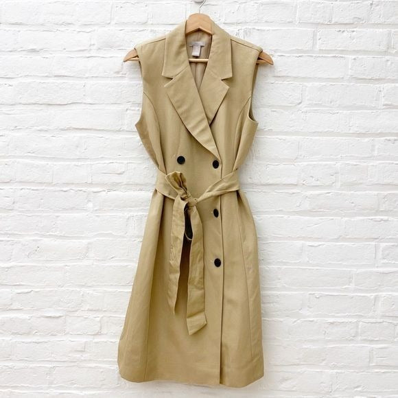 H&M || Linen Blend Button Front Sleeveless Shirt Dress Tie Belt Tan M