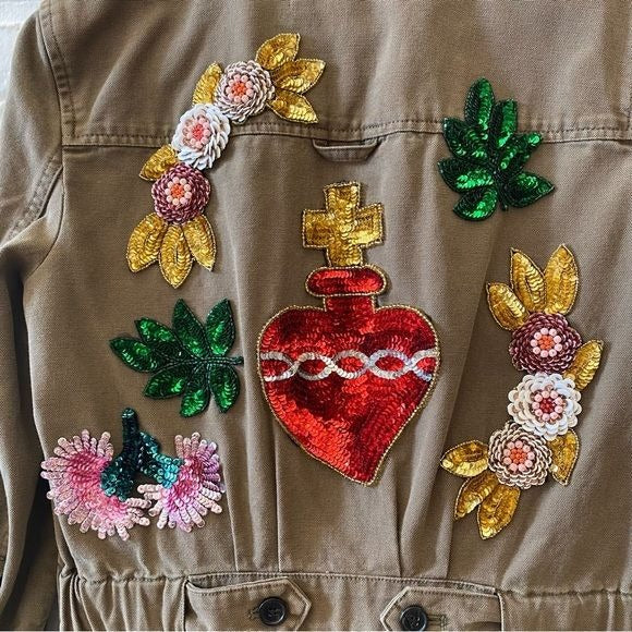 Veronica Beard || Holden Sequined Floral Heart Military Cargo Jacket Green Small