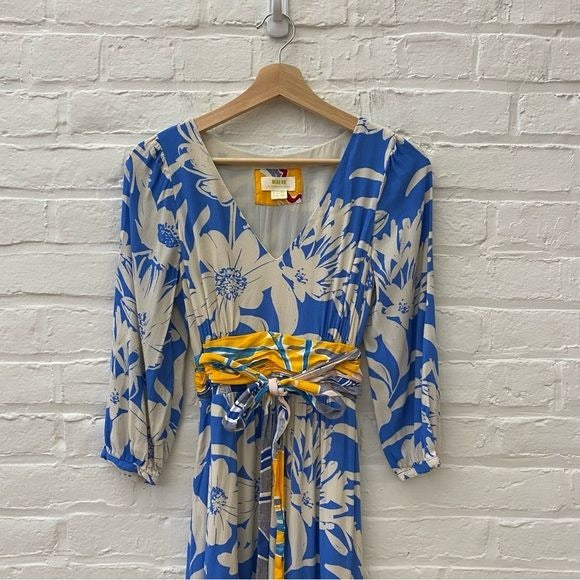 Anthropologie || Maeve Belted Kimono Floral Maxi Dress Blue Yellow 4