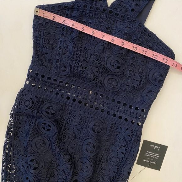 Lulus || Cocktail Ready Navy Blue Crochet Lace Midi Dress XS NWT