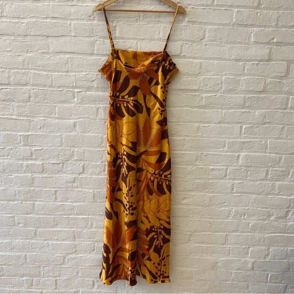 House of Harlow 1960 || Satin Slip Dress Ruched Side Foliage Print Orange NWT