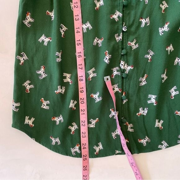 Anthropologie || Maeve Adagio Dog Print Ruffled Blouse Bow Neck Green Small