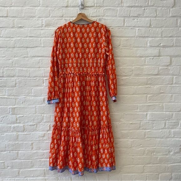 J.Crew || Button-up Tiered Dress in Classic Block Print Orange Blue 8