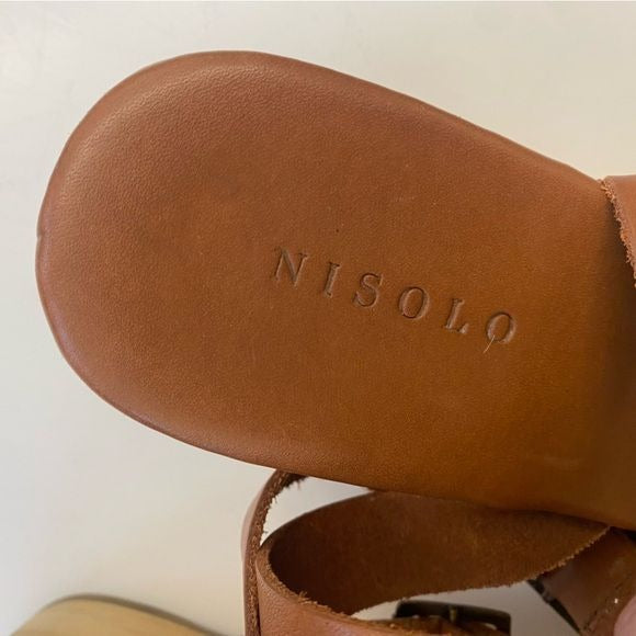 Nisolo || Sarita Leather Strap Wooden Wedge Sandals Brown 9