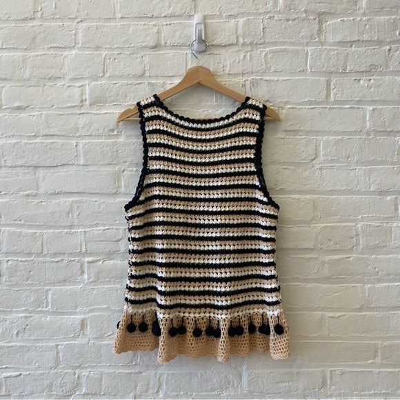 Generation K || Crochet Knit Pom Pop Striped Tank Top Black Tan XL