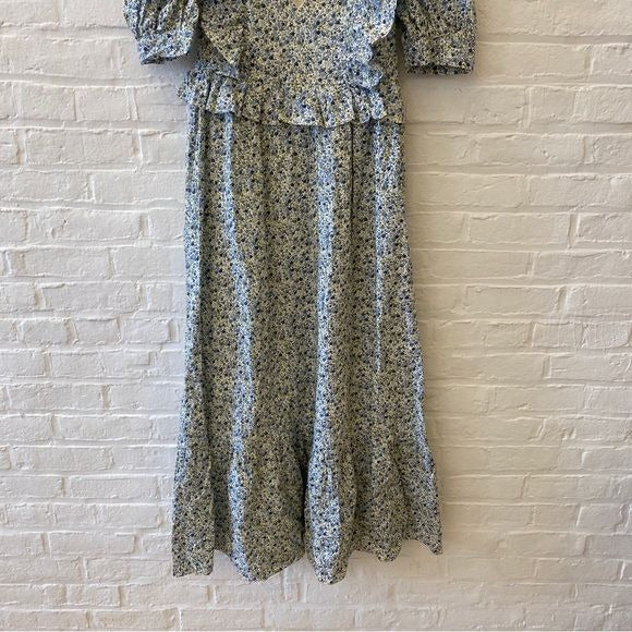 Tuckernuck || Hyacinth House Meadow Floral Puff Sleeve Ruffle Maxi Dress Blue XS