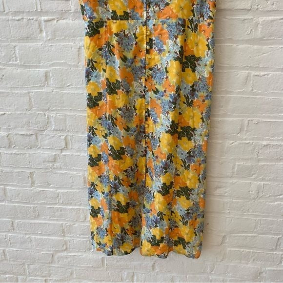 Abercrombie || Smocked Floral MIDI Dress Button Front Orange Yellow Large