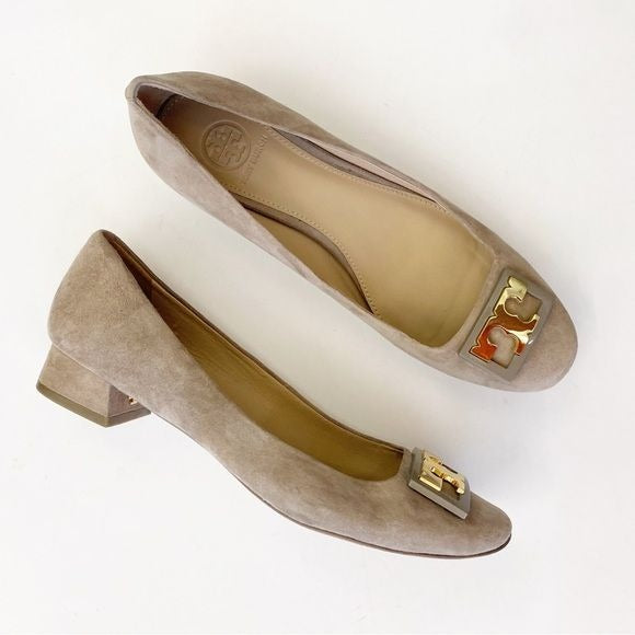 Tory Burch || Gigi Logo 25mm Low Pumps Suede French Gray Tan Gold 8.5