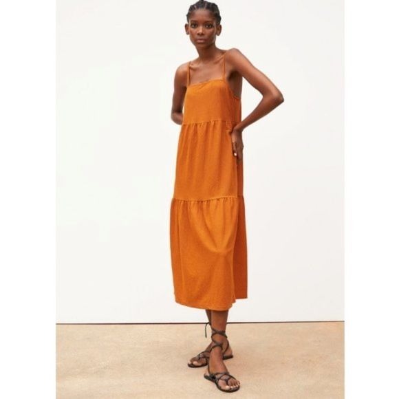 Zara || Strappy Tank Tiered Sundress Midi Orange Small