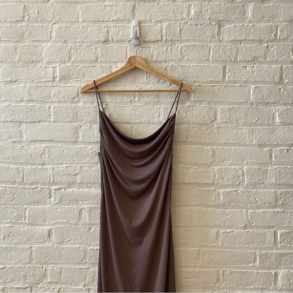 Zara || Flowing Strappy Dress in Mink Cowl Slip Dress Slinky Midi Brown Medium