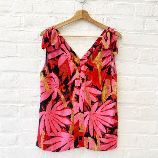 J.Crew || Bruna Tie Shoulder Top in Antigua Leaves Floral Bows Pink Red Small