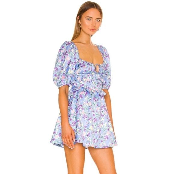 For Love & Lemons || Charlene Puff Sleeve Mini Dress Keyhole Ruffle Floral S NWT