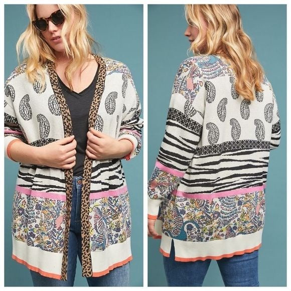 Anthropologie || Bohemian Bricolage Open Front Cardigan Paisley Leopard Zebra XL