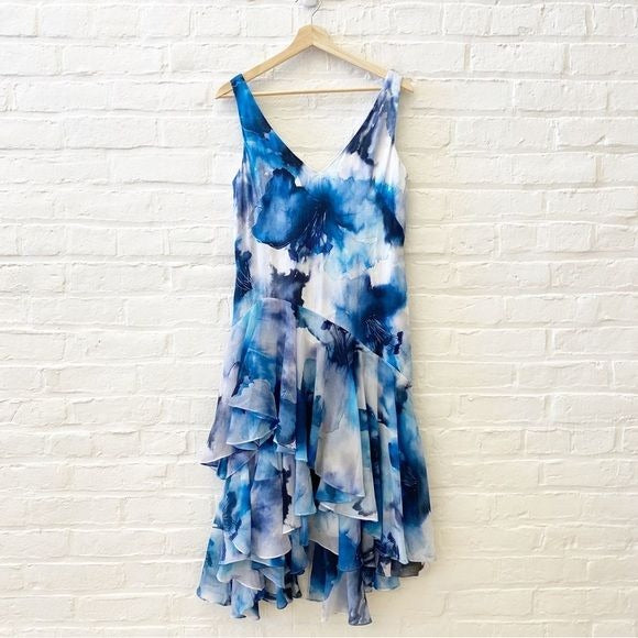 Theia || Ruffled Watercolor Hibiscus Print Cocktail Dress Blue 6