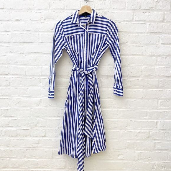 J. Crew || Belted Collared Shirtdress Blue + White Stripe 0