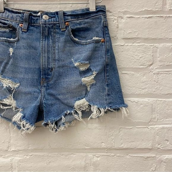 Abercrombie || 4” Mom Short High Rise Distressed Raw Hem Blue 24 / 00