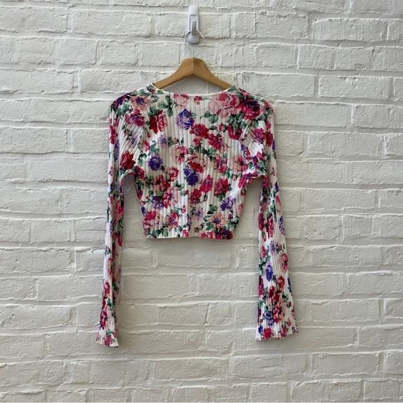 Ronny Kobo || Magda Ribbed Floral Crop Top Bell Sleeve White Pink Medium