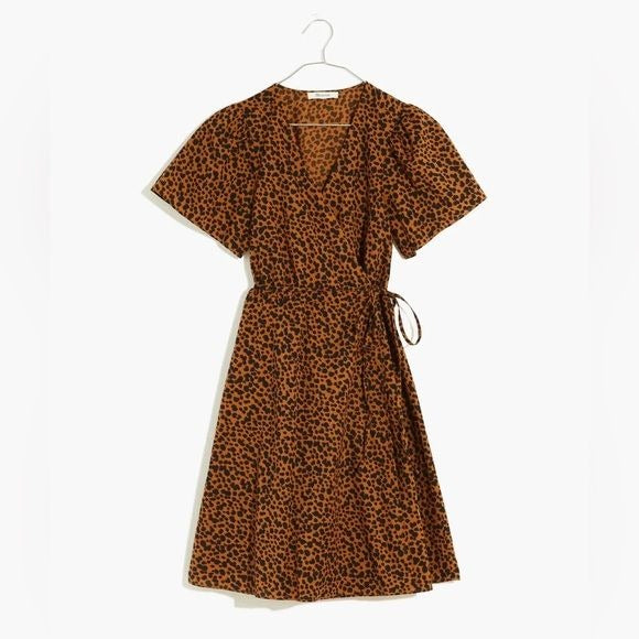 Madewell || Flutter-Sleeve Wrap Mini Dress in Painted Leopard Cotton Brown Small